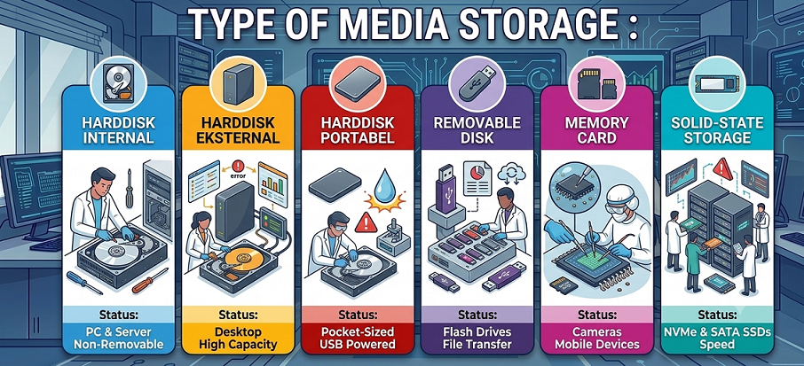 TYPE OF MEDIA STORAGE yang dapat ditangani MsDOT diantaranya Harddisk Internal (ESDI, IDE, SCSI, SATA, SAS, 1,8"), Harddisk Eksternal (USB, 3,5", RAID), Harddisk Portabel (USB, 2,5"), Removable Disk (Diskette, ZIP, CD/DVD, Tape), Memory Card (SD, MicroSD, MMC, CF), Solid-State Storage (Flashdisk, SSD, NVMe)