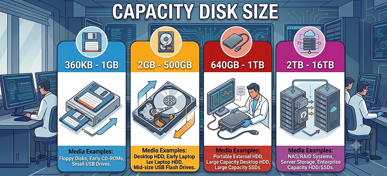CAPACITY DISK SIZE yang dapat ditangani MsDOT diantaranya 360KB-1GB, 2GB-500GB, 640GB-1TB, 2TB-16TB