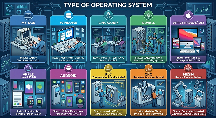 TYPE OF OPERATING SYSTEM yang dapat ditangani MsDOT diantaranya DOS, Windows, Linux/UNIX, Novell, Apple, Android