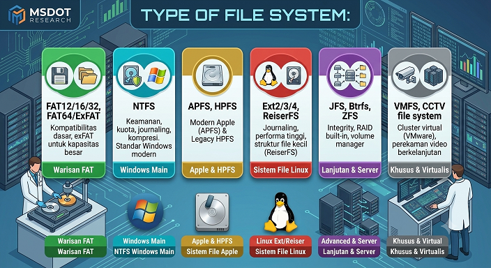 TYPE OF FILE SYSTEM yang dapat ditangani MsDOT diantaranya FAT12/16/32, FAT64/ExFAT, NTFS, HPFS, APFS, Ext2/3/4, ReiserFS, JFS, Btrfs, ZFS, VMFS, CCTV File System