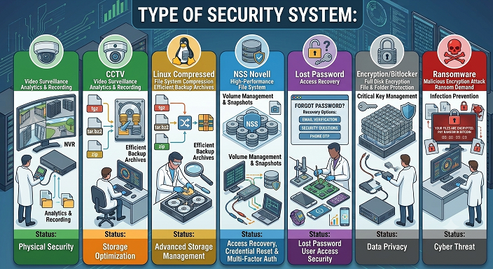 TYPE OF SECURITY SYSTEM yang dapat ditangani MsDOT diantaranya CCTV, Linux Compressed, NSS Novell, IPCam, Lost Password, Encryption, Bitlocker, Ransomware