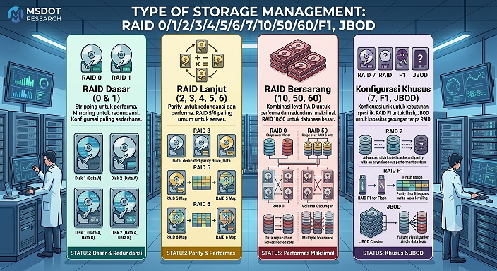 TYPE OF STORAGE MANAGEMENT yang dapat ditangani MsDOT diantaranya RAID 0/1/2/3/4/5/6/7/10/50/60/F1, JBOD